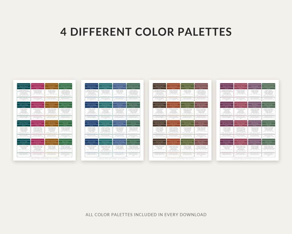 The four color palettes included with the essential oil roller bottle printable labels.