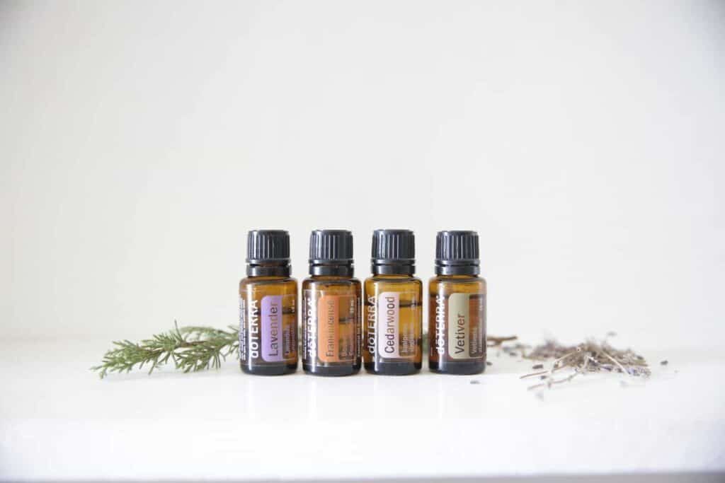lavender frankincence cedarwood and vetiver oils in 15ml glass bottles