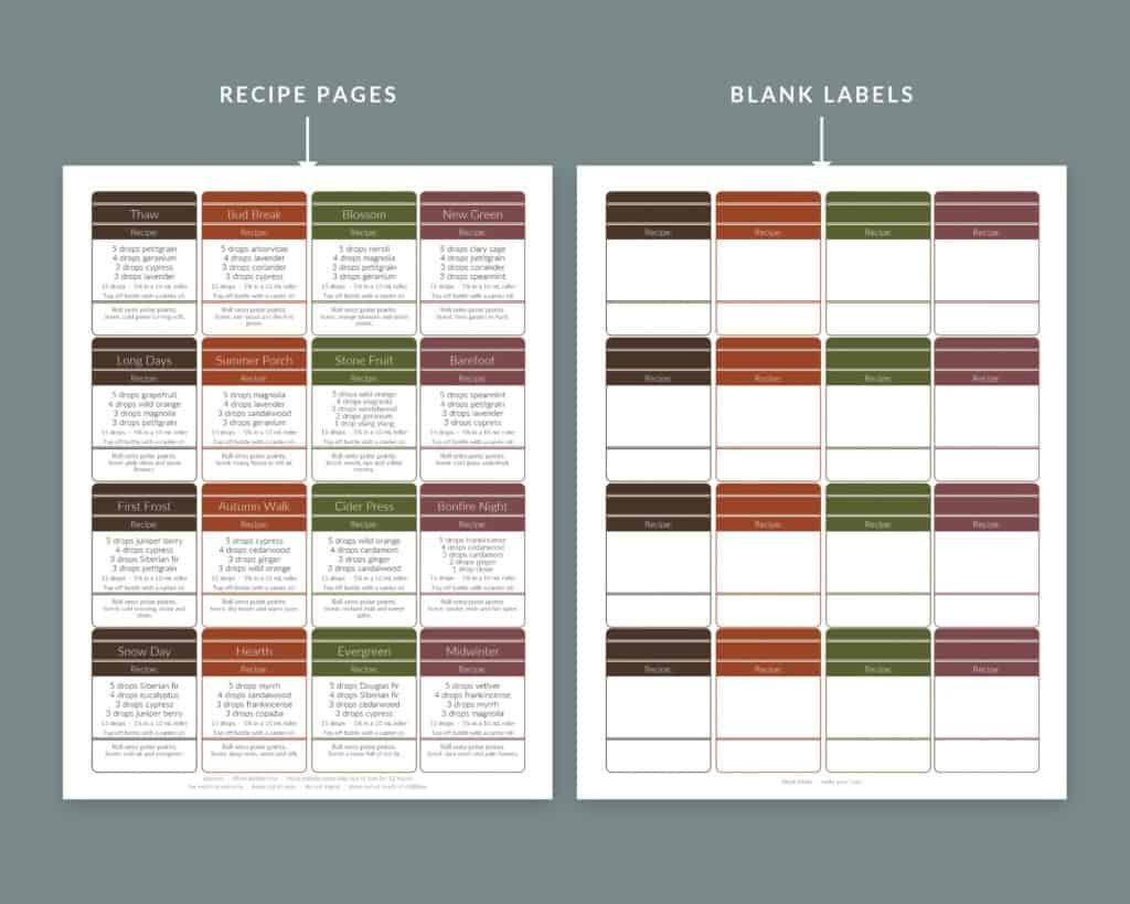 Essential oil roller bottle recipe pages next to a page of blank write in labels.