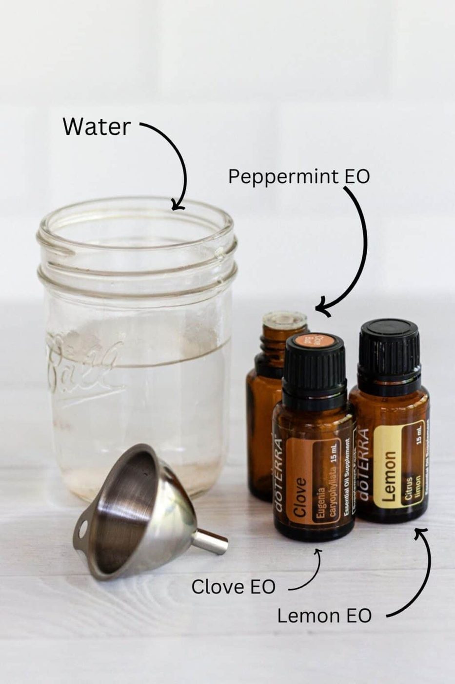 Ant repellent ingredients: essential oils, water, and a metal funnel.