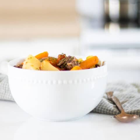 white bowl of beed shank stew
