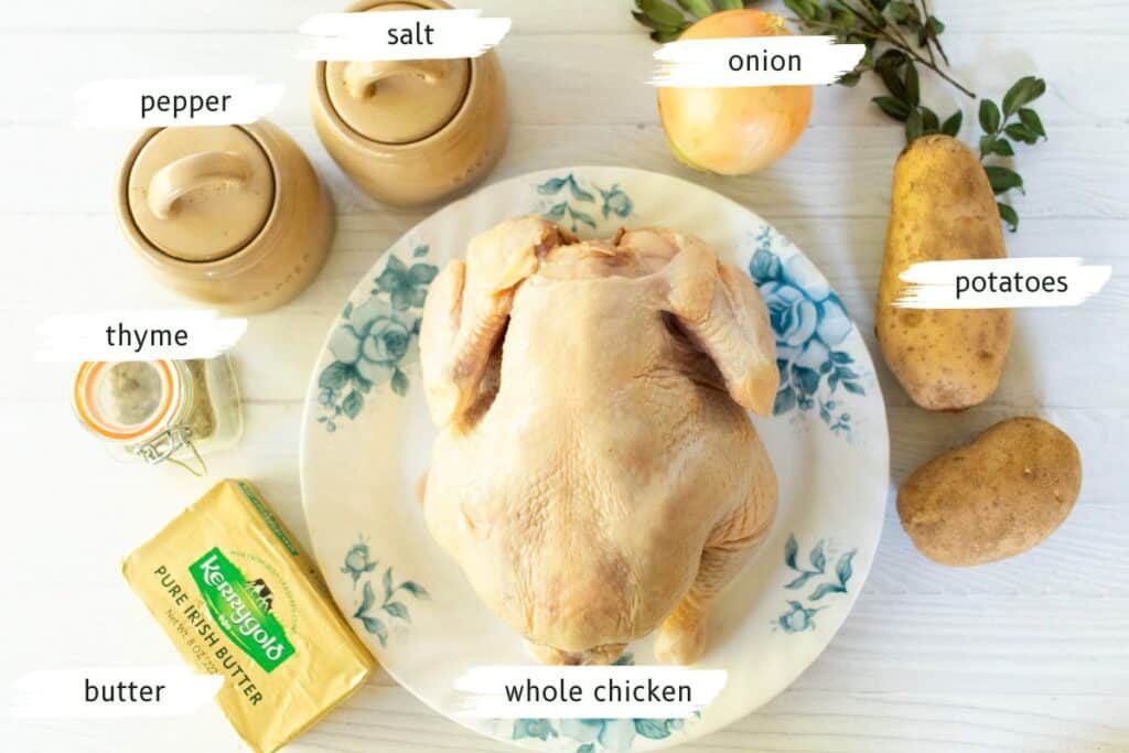 Ingredients needed for cast-iron roast chicken with red potatoes.