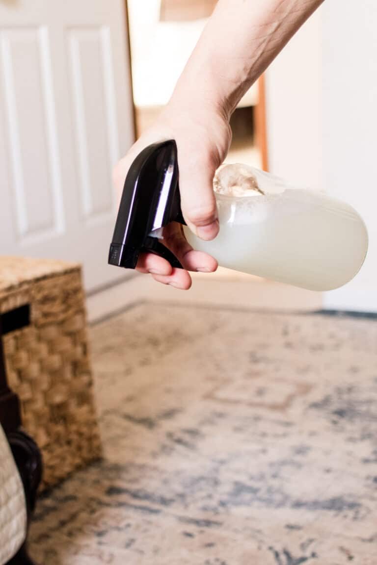 Spraying on homemade cleaner to a carpet.