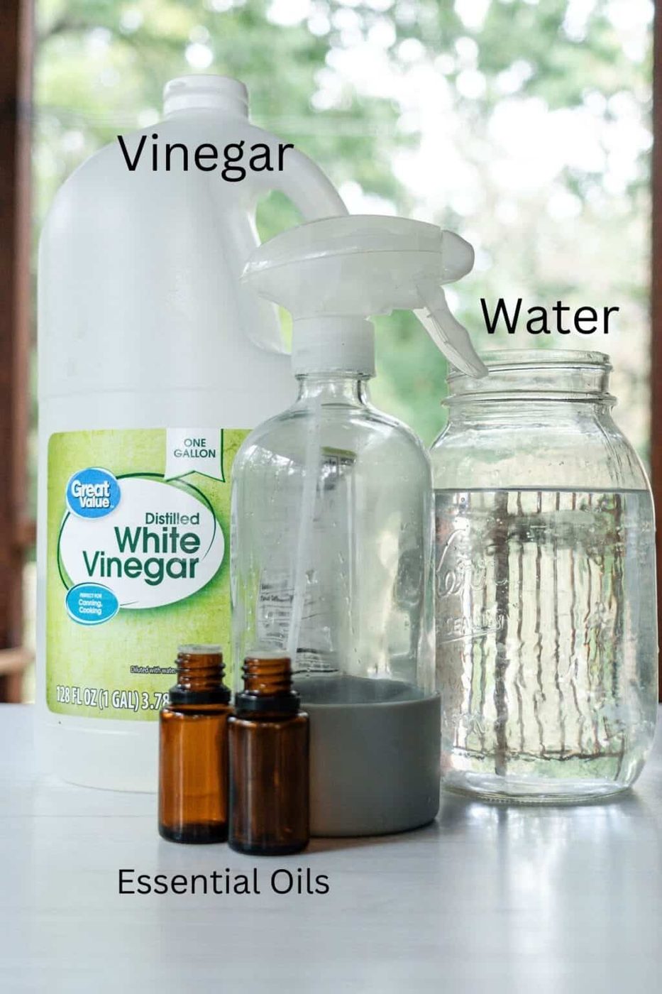 Ingredients needed for cleaning windows at home are lined up on a white wooden table with the outdoors in the background.