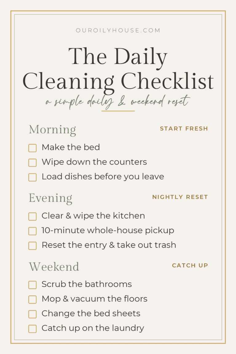 A daily cleaning checklist for morning, evening and weekend.