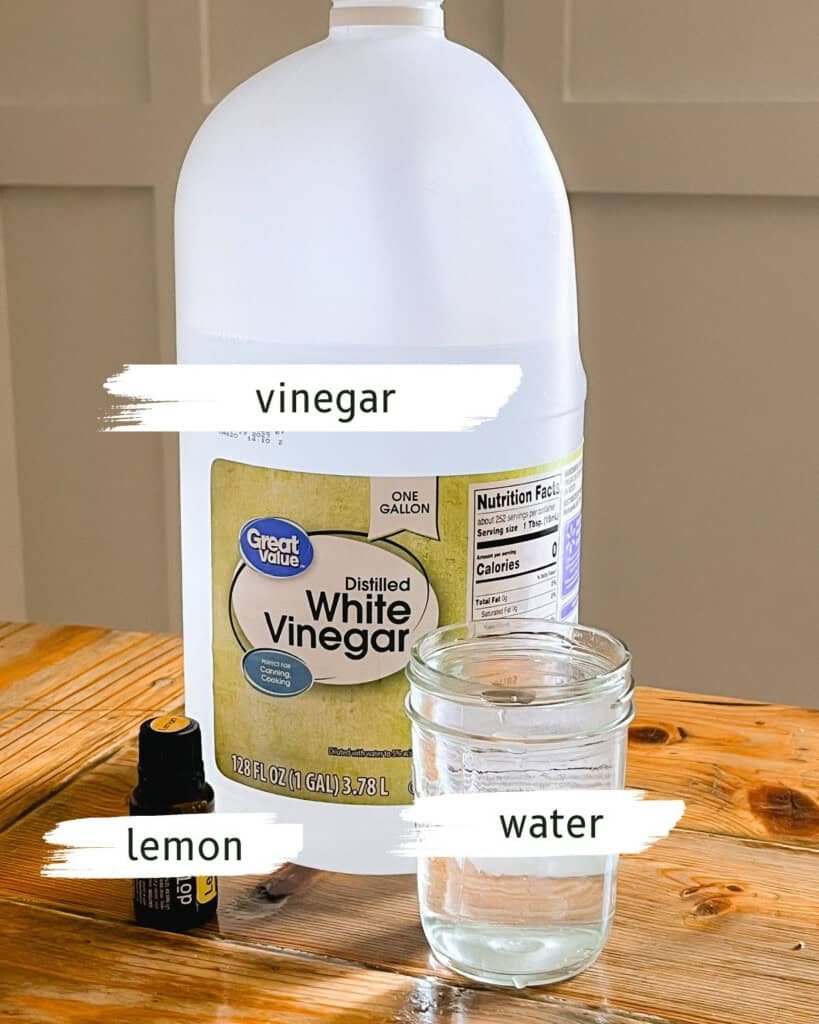All-purpose cleaner ingredients labeled on a kitchen table.