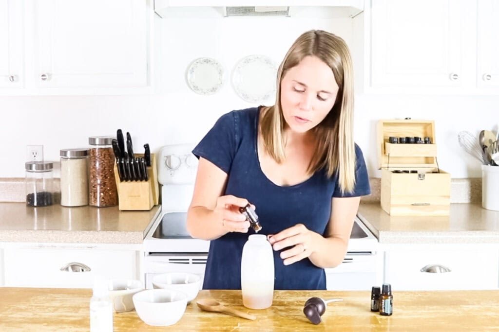 Adding essential oils to a foaming soap bottle.