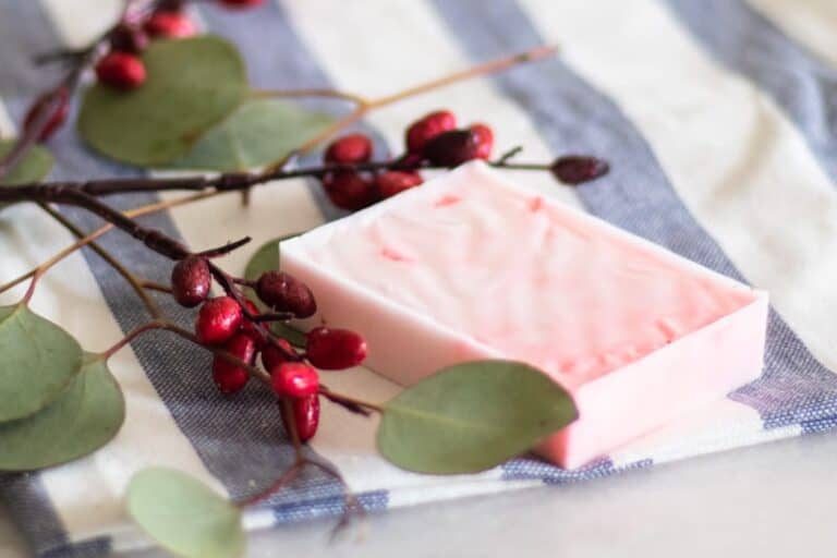 Red Christmas soap bar with eucalyptus and cranberries.