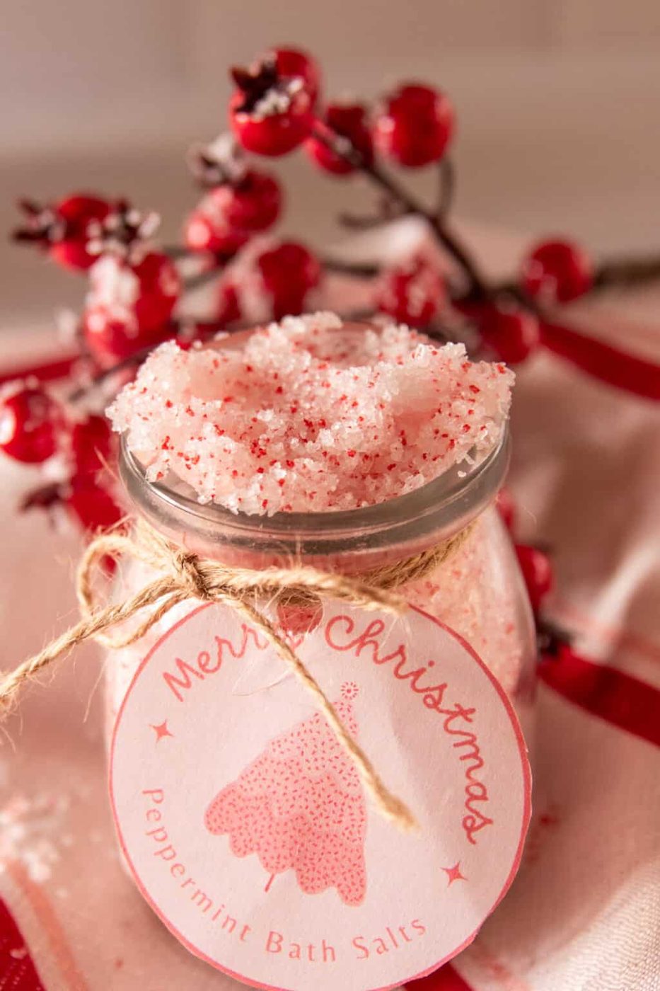 Peppermint bath salts in a jar with a Christmas label.