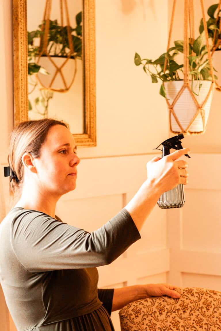 Spraying a homemade room spray into our living room.