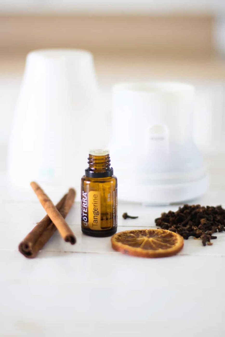 A diffuser with an essential oil bottle, cinnamon sticks, and cloves.