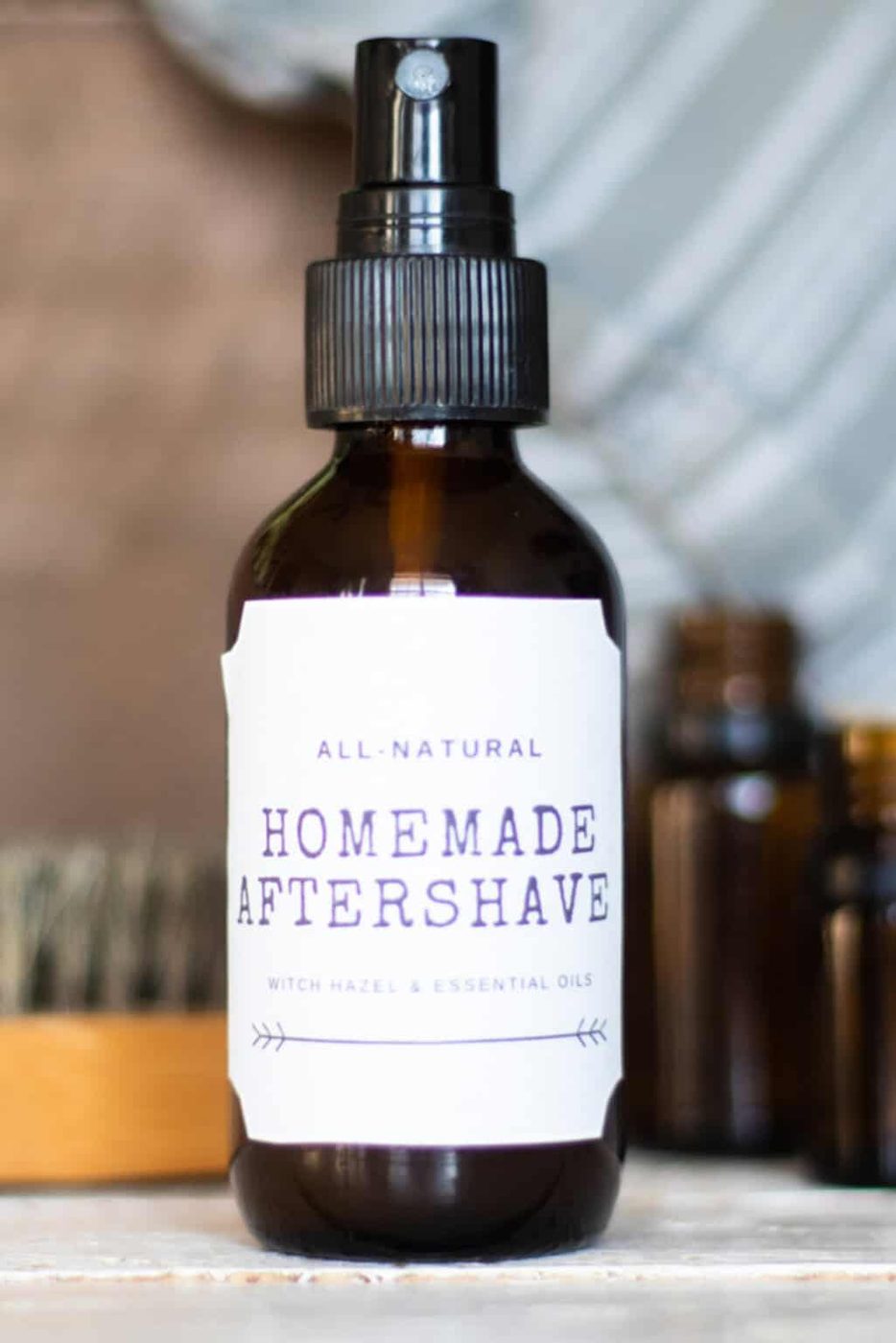 A bottle of homemade aftershave with a printed label.