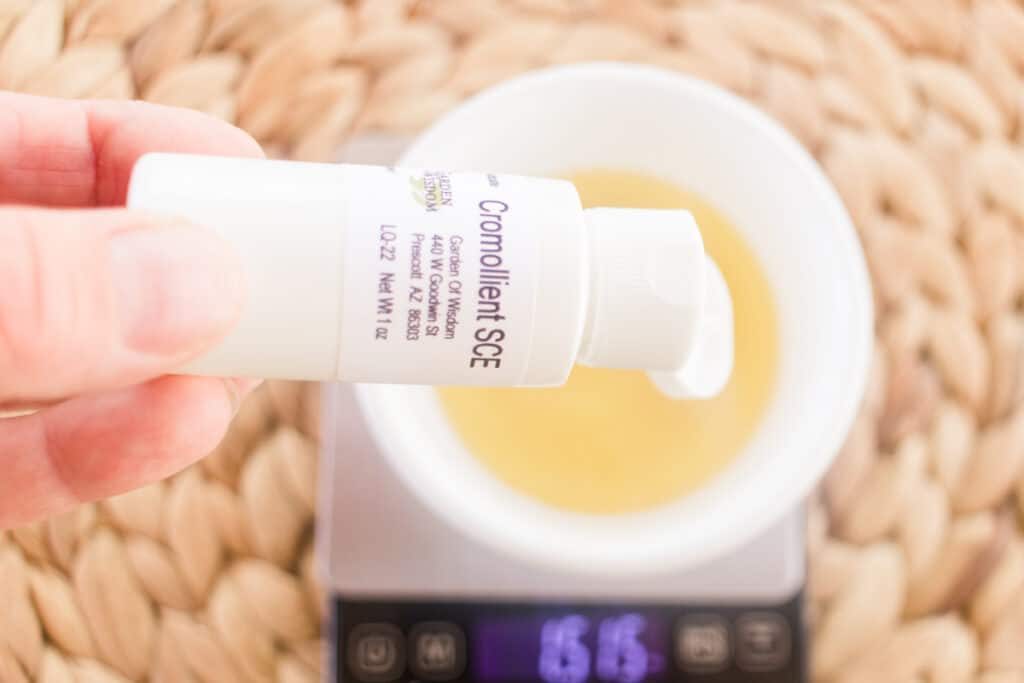 Measuring out the emulsifier to add to the rest of the conditioner ingredients.