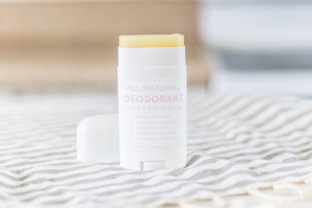 Deodorant container with homemade deodorant and printable label.