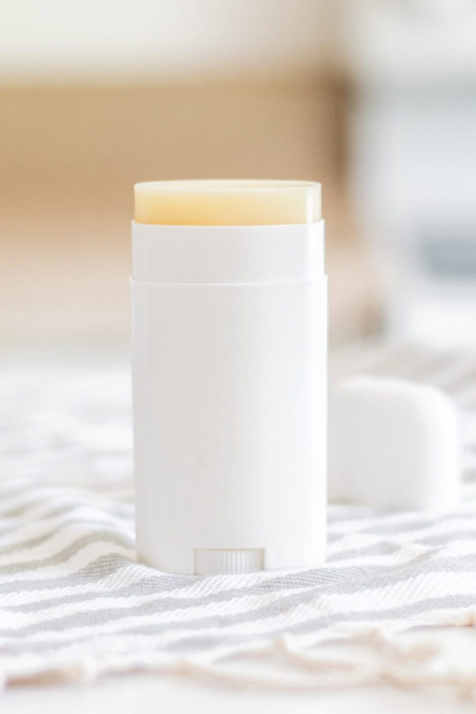 Homemade deodorant without baking soda in white deodorant container.
