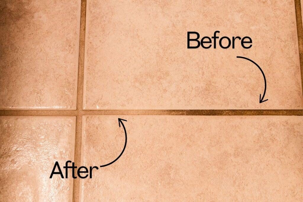 A before and after image of grout before and after being cleaned. The grout is whiter and visibly clean after.