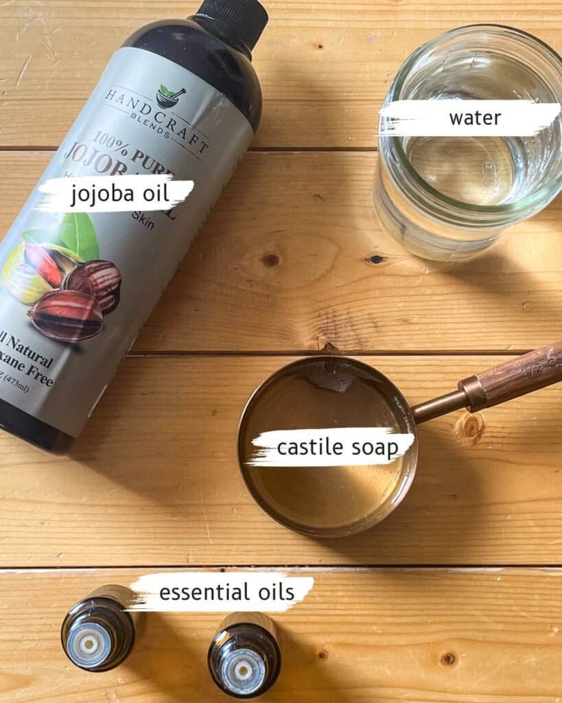 Ingredients needed for the homemade shampoo, measured out and labeled.