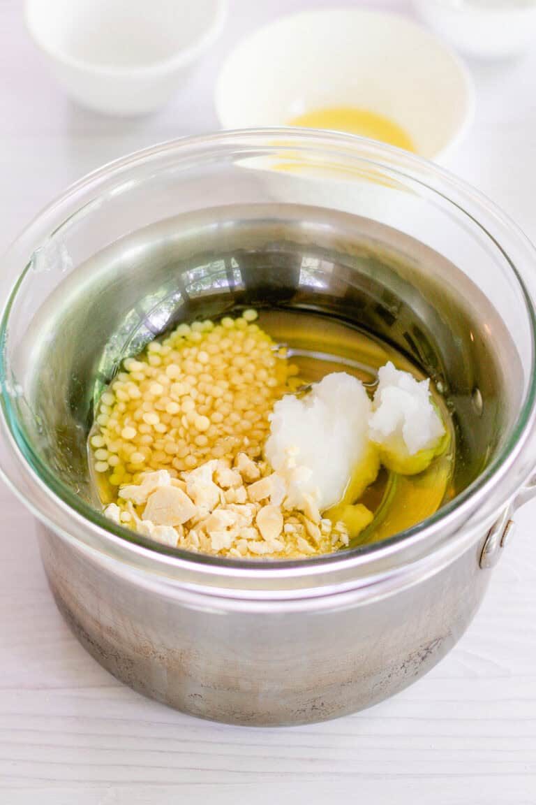 Melting the ingredients for the sunscreen in a double boiler.
