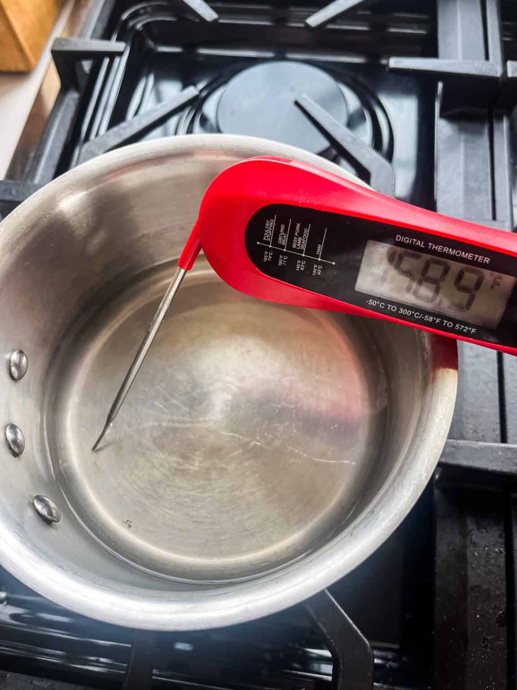 Testing the temperature of a pot of water with an instant thermometer.