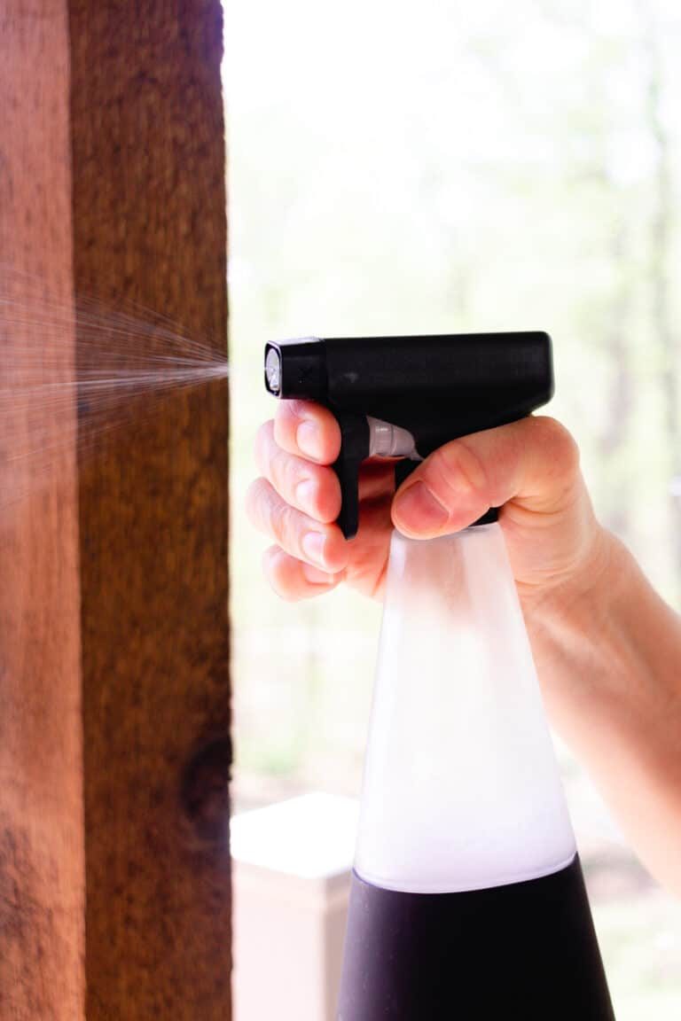Spraying wasp spray to deter wasps.