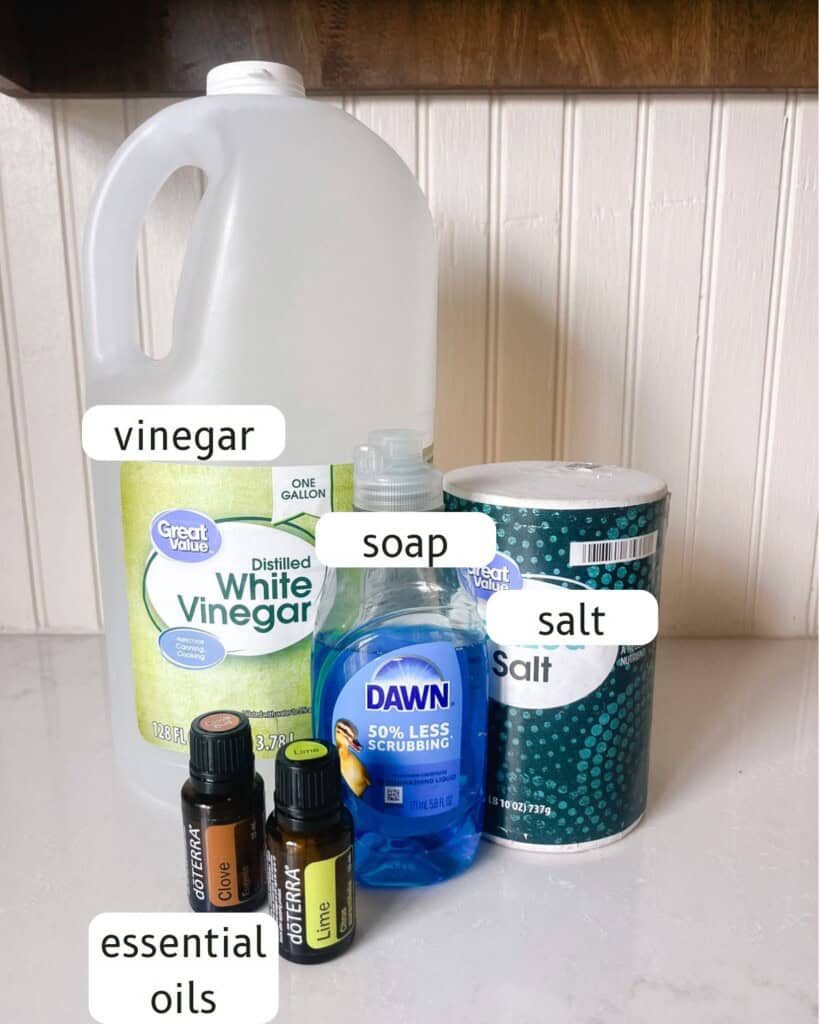 Natural weed killer ingredients labeled on a ktichen counter.