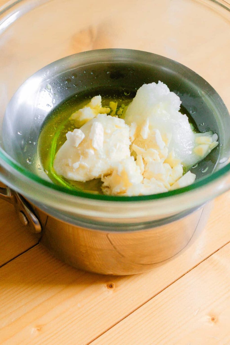 Melting the ingredients together in a glass bowl made into a double boiler.