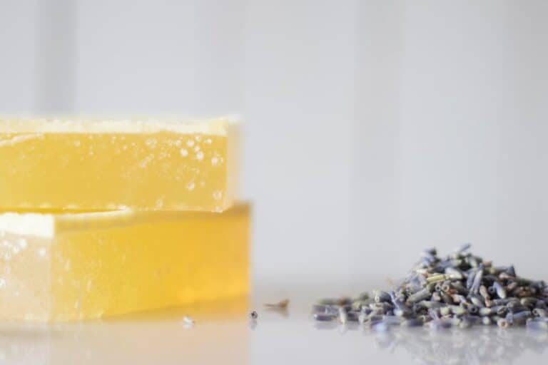 shampoo bars and fresh lavender on white marble