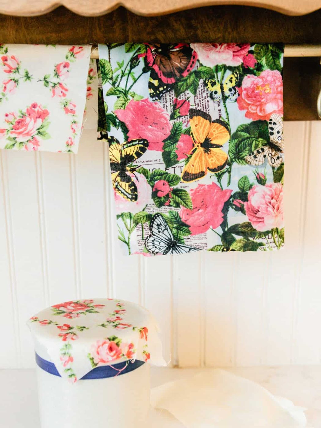 Beeswax wraps hanging to cool and harden.