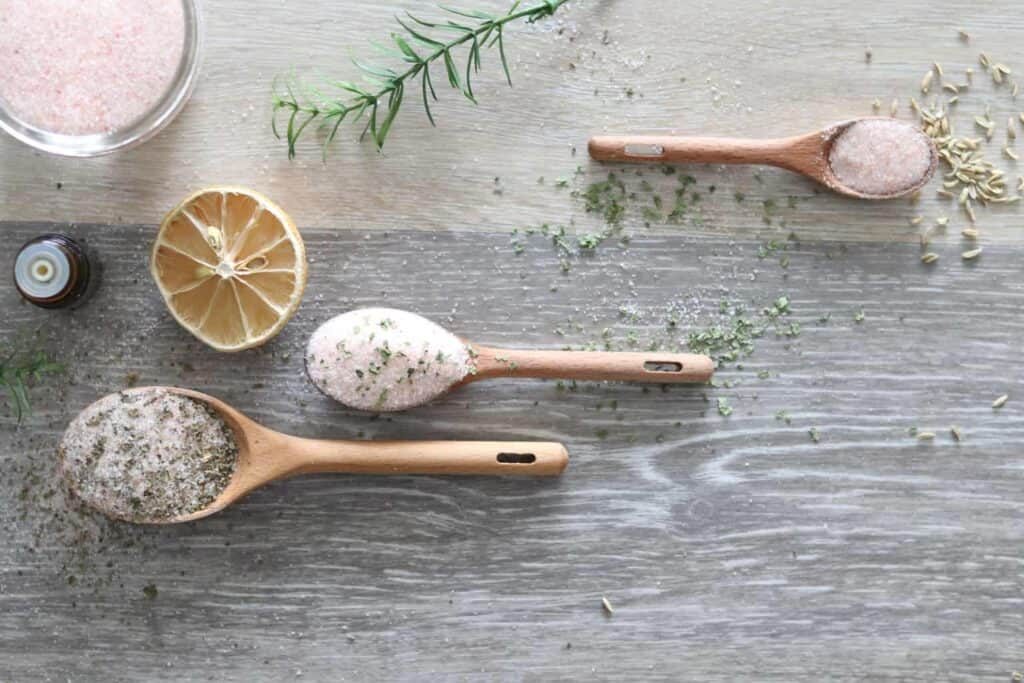 Herbs, spices, and salt for homemade seasoning blends.