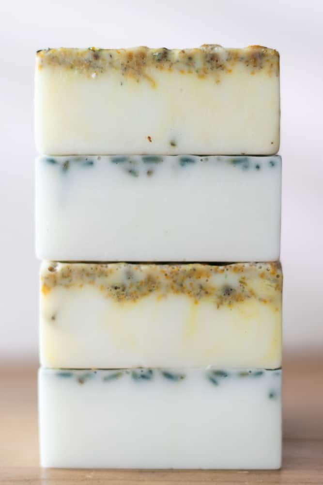 4 homemade melt and pour soap bars stacked