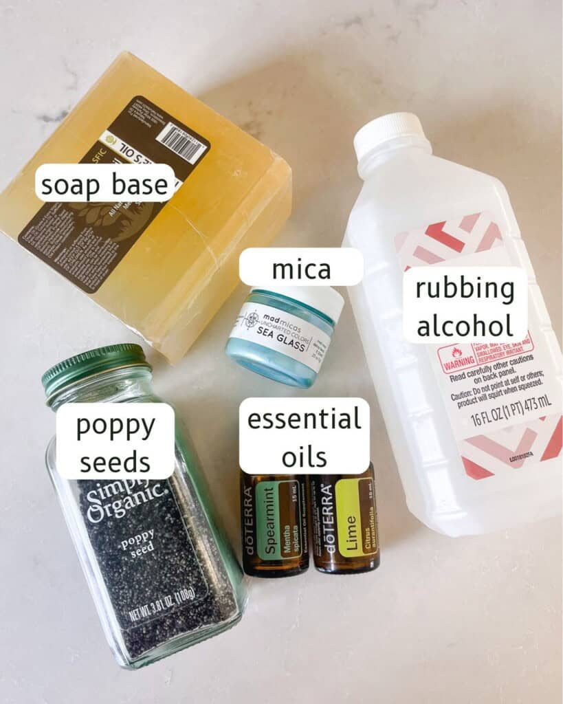 Homemade lime mint melt and pour soap materials, assembled and labeled.