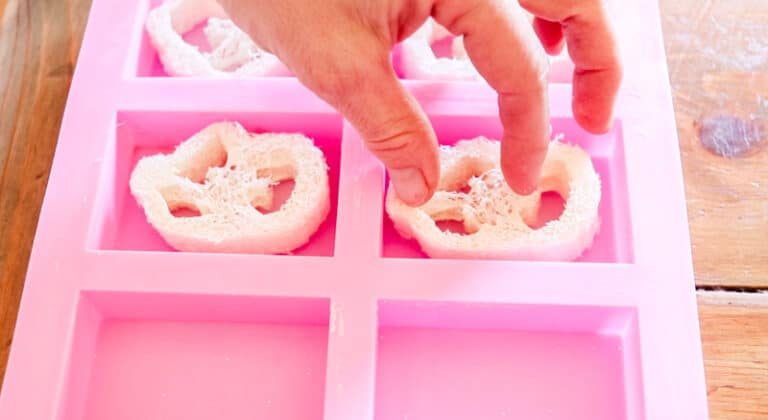 Placing the sliced loofa pieces into the silicone soap molds.