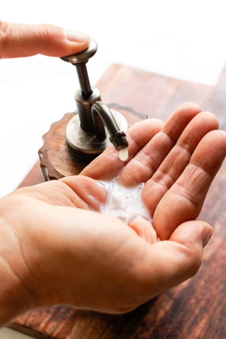Liquid soap that was made from a solid soap bar being dispensed into our hand.