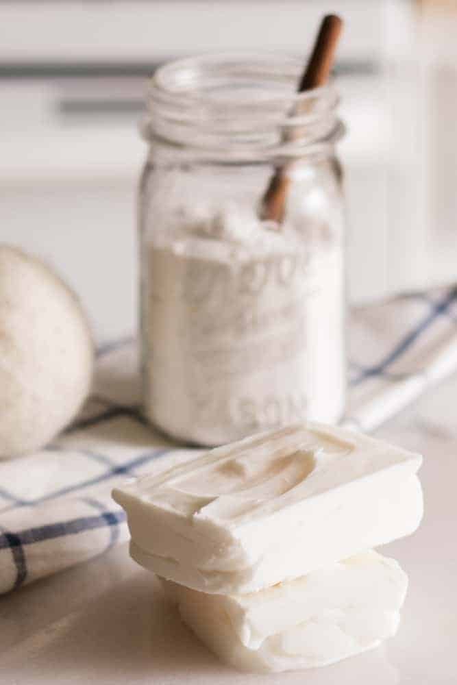 Coconut oil laundry soap bars on white marble table.