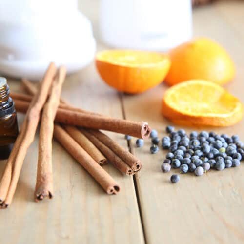 Cinnamon sticks, orange slices, and berries sitting on a wooden table with essential oils.