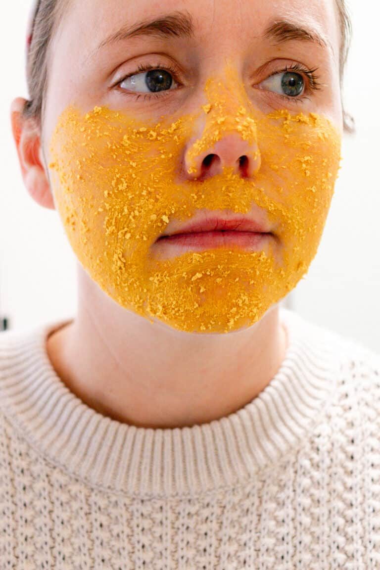 Letting the turmeric and colloidal oatmeal face mask soak into our skin before rinsing off.