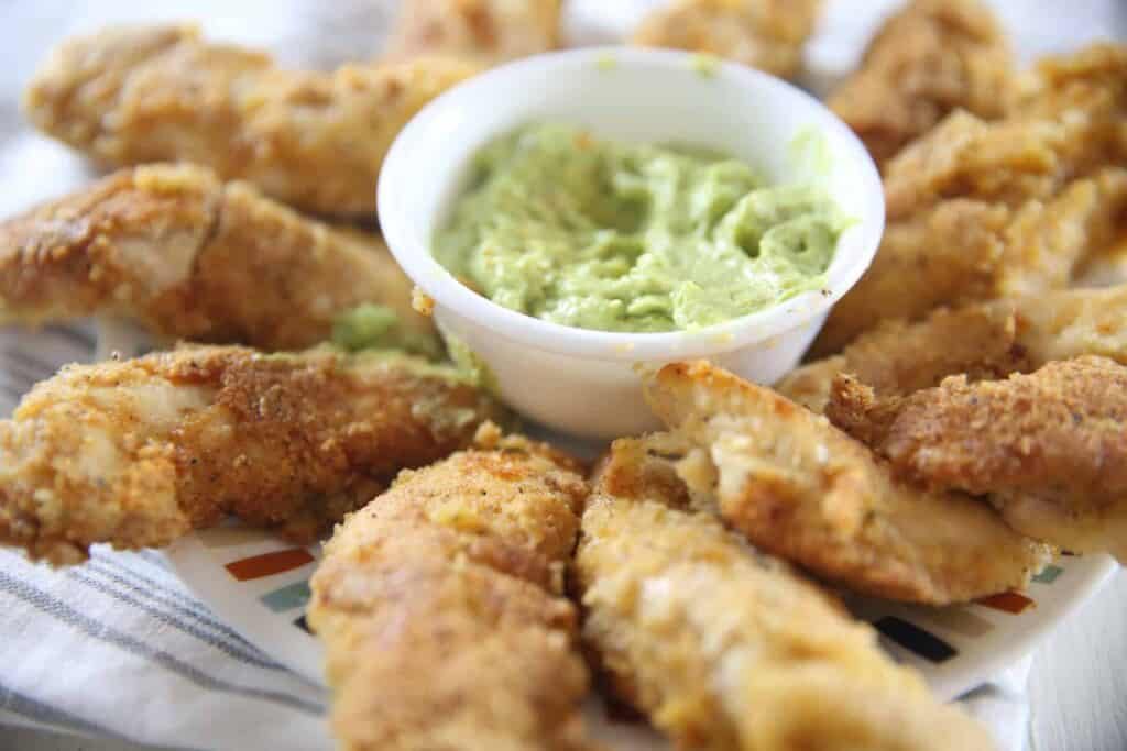 The Best Paleo Chicken Strips: with Creamy Avocado Dipping Sauce