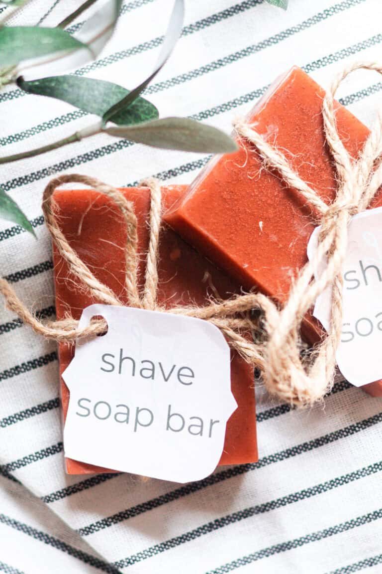 Shave soap bars with string and labels.