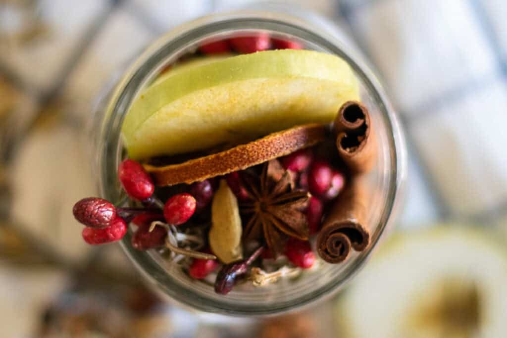 Looking down on a jar of Thanksgiving potpourri.