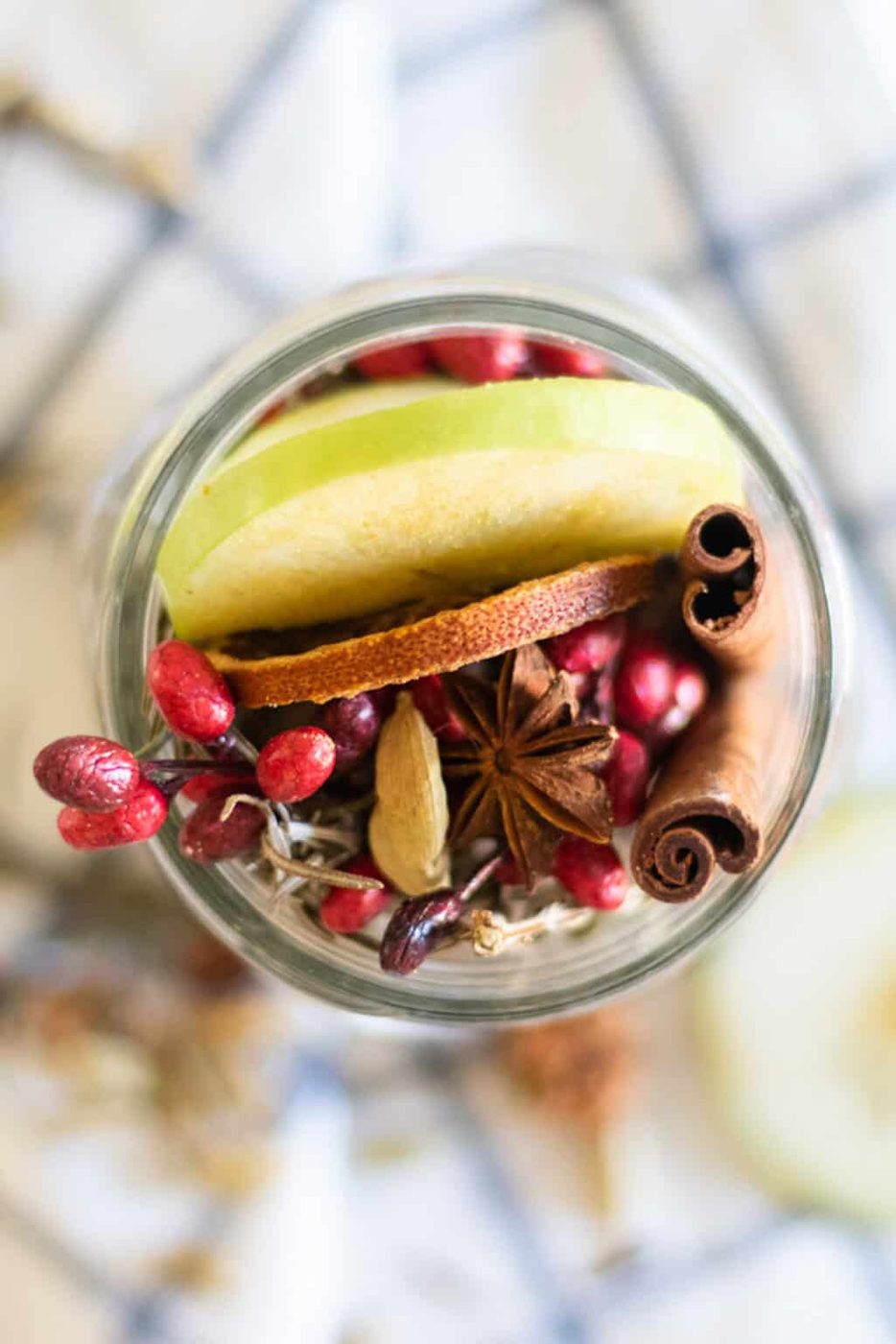 Looking down on a jar of Thanksgiving potpourri.