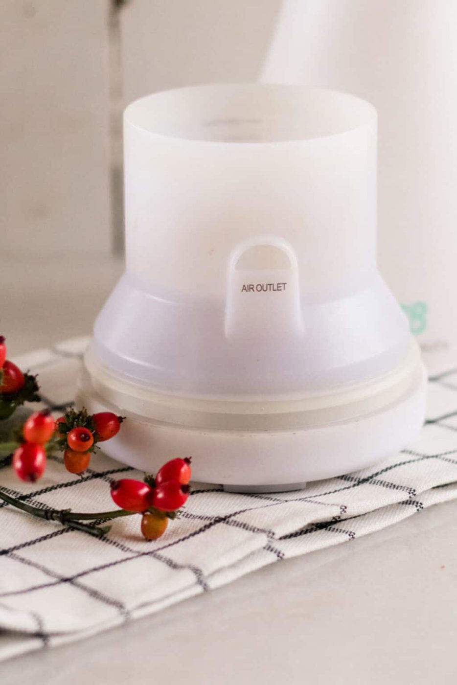 A diffuser with red berries on a plaid towel.