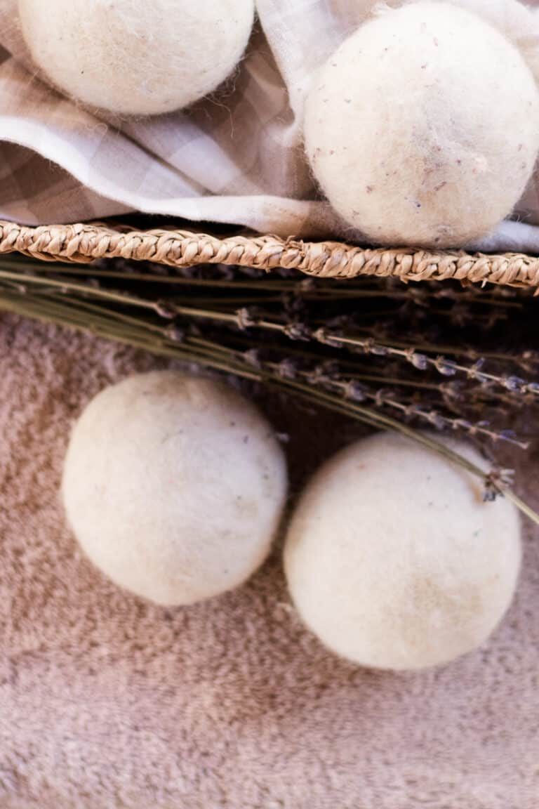 A basket of wool dryer balls being stored away for future use.