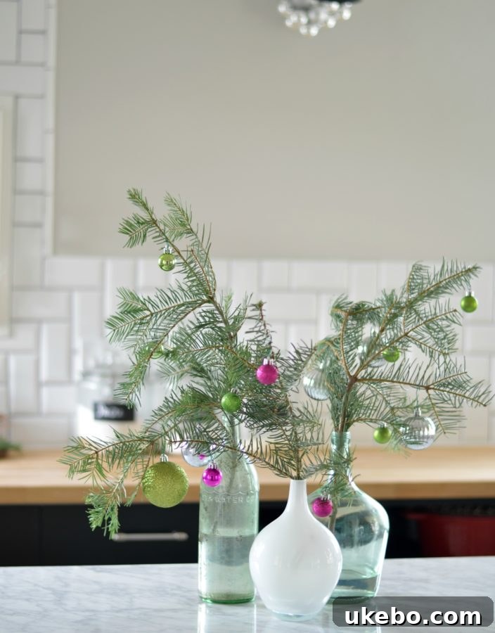 Kitchen island centerpiece, a simple yet elegant holiday arrangement with natural elements