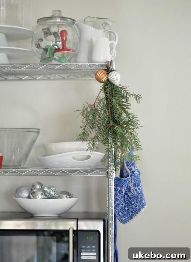 Utility rack combining functionality with festive Christmas elements and greenery