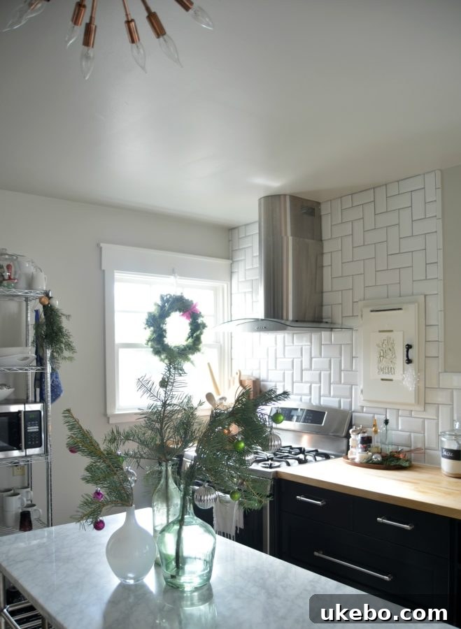 A charming kitchen corner decorated with subtle Christmas elements