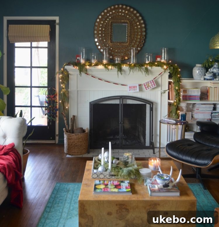 Close-up of festive custom wall plate and holiday styling