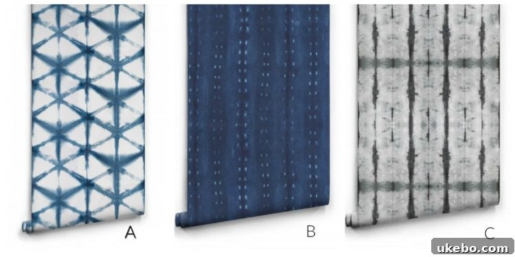 Three Shibori wallpaper options for bathroom design.