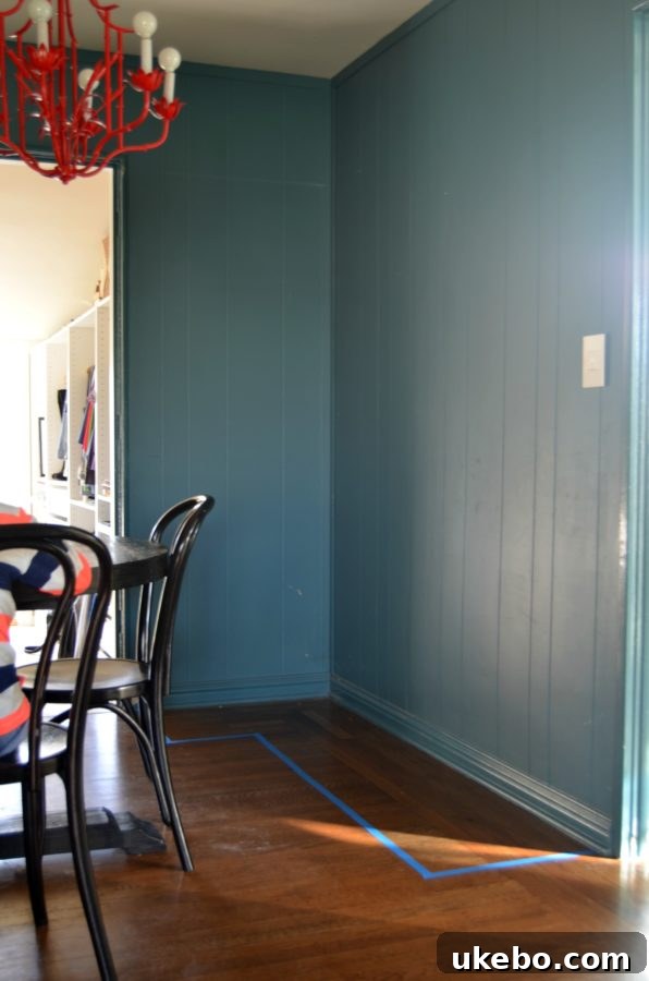 Marked out space for the future banquette in the dining room