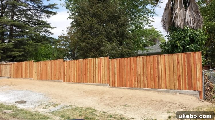Elegant wooden board-on-board fence design, combining classic vertical lines with a touch of modern simplicity, ideal for privacy.
