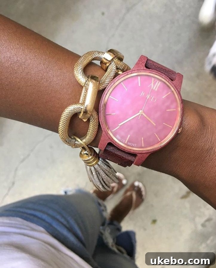 Unpacking My Pink Passion With a Special Reader Prize 7 Woman wearing a JORD wood watch with natural light